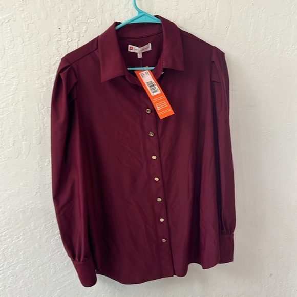 Jude Connally Karmen Button Down Blouse Large Merlot Red Gold Buttons NWT - Picture 2 of 5